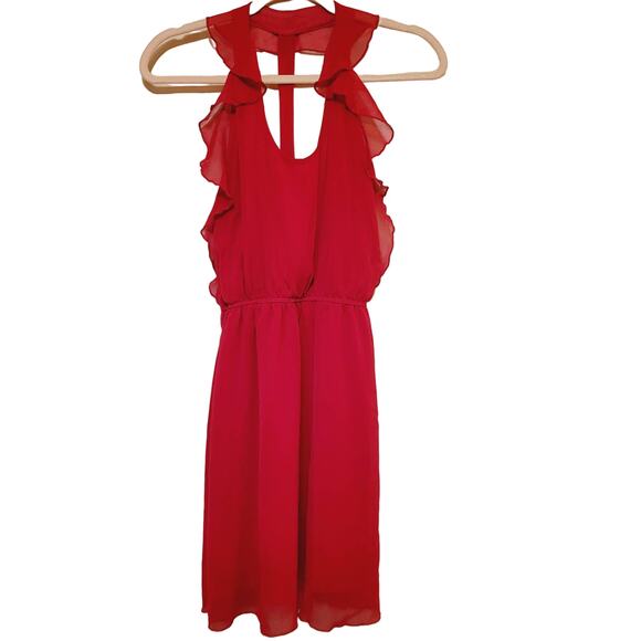 Aggie womens red retro ruffle chiffon open back knee length flowy dress small - Picture 1 of 5